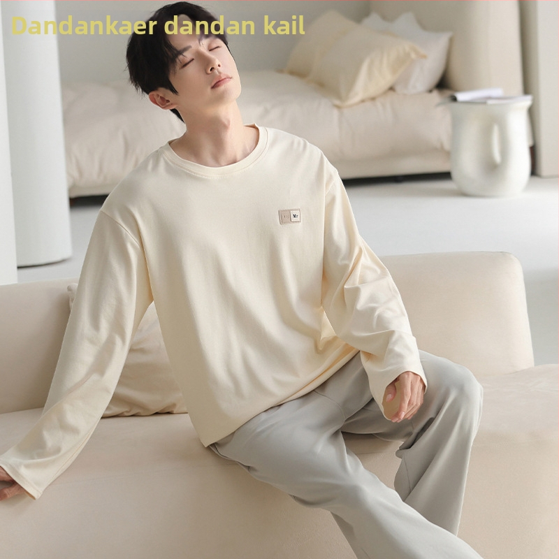 Pijamale pentru bărbați – set, din bumbac pur, mâneci lungi, guler rotund, stil ușor sportiv; grosime medie 161–180 g/m², respirante, confortabile, potrivite pentru purtare în exterior