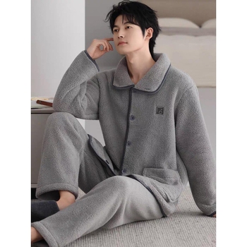 Set de pijamale din flanelă bărbați, cu guler rever, mâneci lungi, gros pentru căldură, material poliester