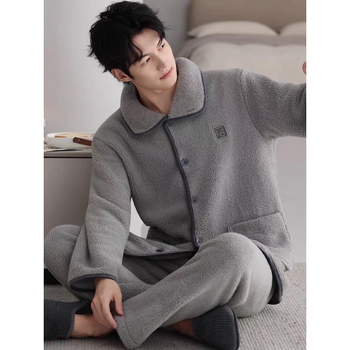 Set de pijamale din flanelă bărbați, cu guler rever, mâneci lungi, gros pentru căldură, material poliester