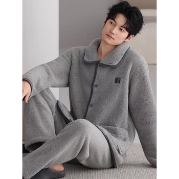 Set de pijamale din flanelă bărbați, cu guler rever, mâneci lungi, gros pentru căldură, material poliester