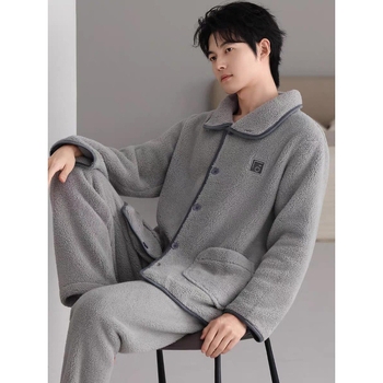 Set de pijamale din flanelă bărbați, cu guler rever, mâneci lungi, gros pentru căldură, material poliester