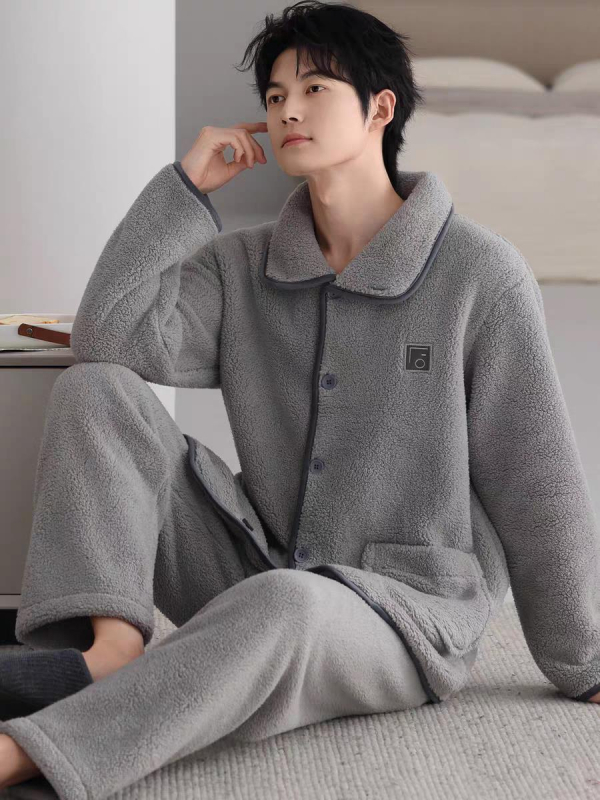Set de pijamale din flanelă bărbați, cu guler rever, mâneci lungi, gros pentru căldură, material poliester