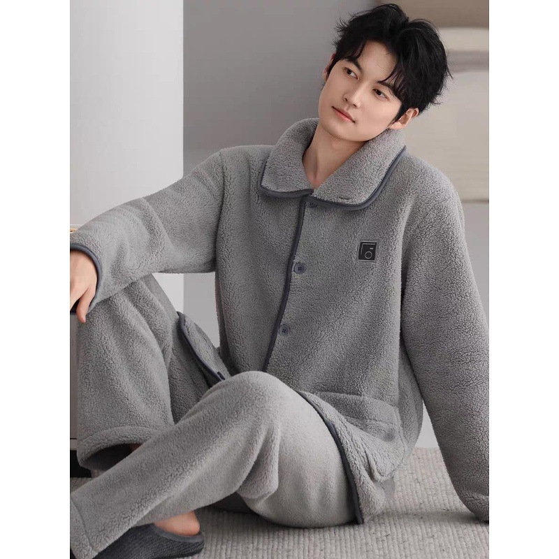 Set de pijamale din flanelă bărbați, cu guler rever, mâneci lungi, gros pentru căldură, material poliester