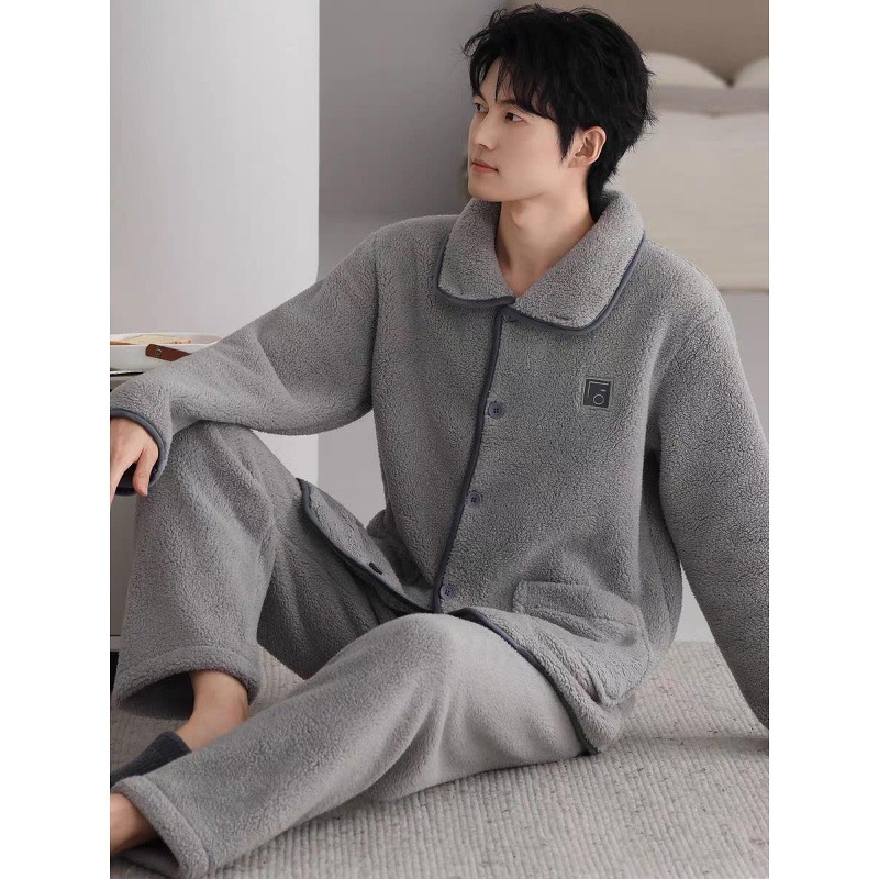 Set de pijamale din flanelă bărbați, cu guler rever, mâneci lungi, gros pentru căldură, material poliester