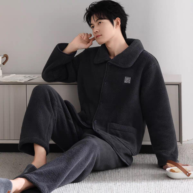 Set de pijamale din flanelă bărbați, cu guler rever, mâneci lungi, gros pentru căldură, material poliester