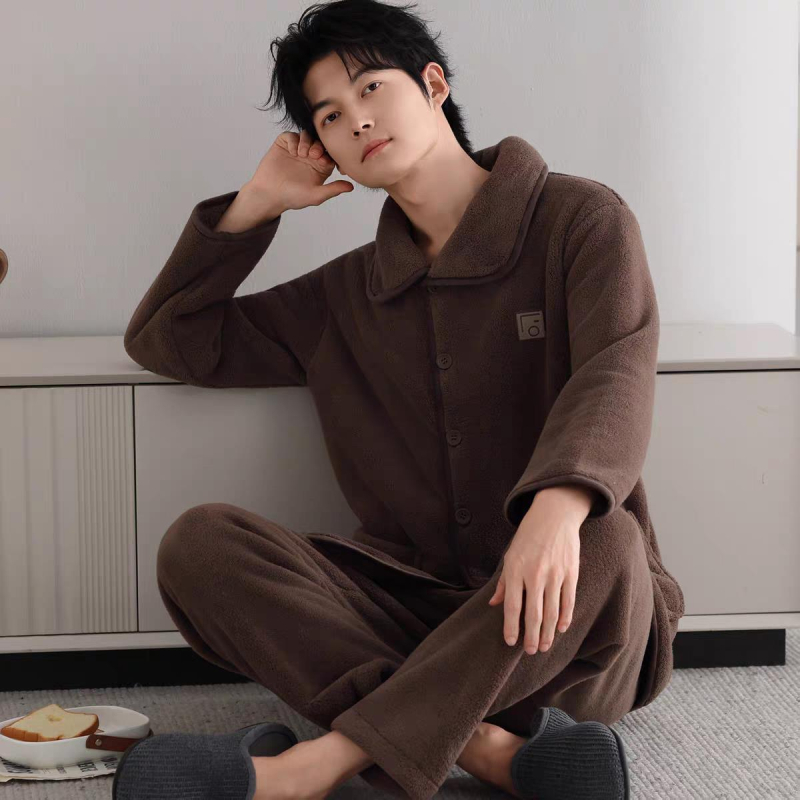Set de pijamale din flanelă bărbați, cu guler rever, mâneci lungi, gros pentru căldură, material poliester