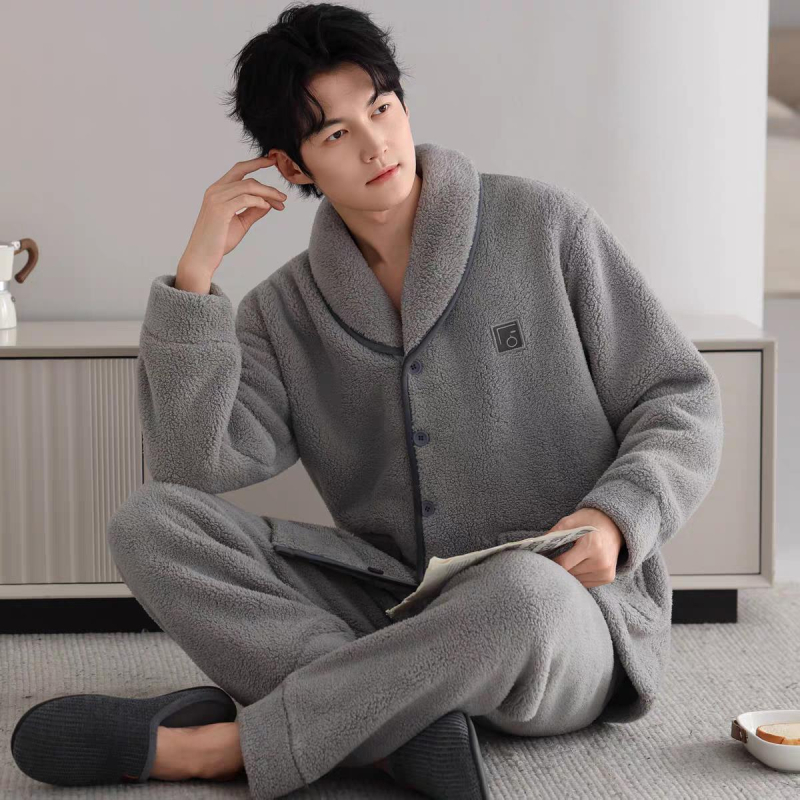 Set de pijamale din flanelă bărbați, cu guler rever, mâneci lungi, gros pentru căldură, material poliester