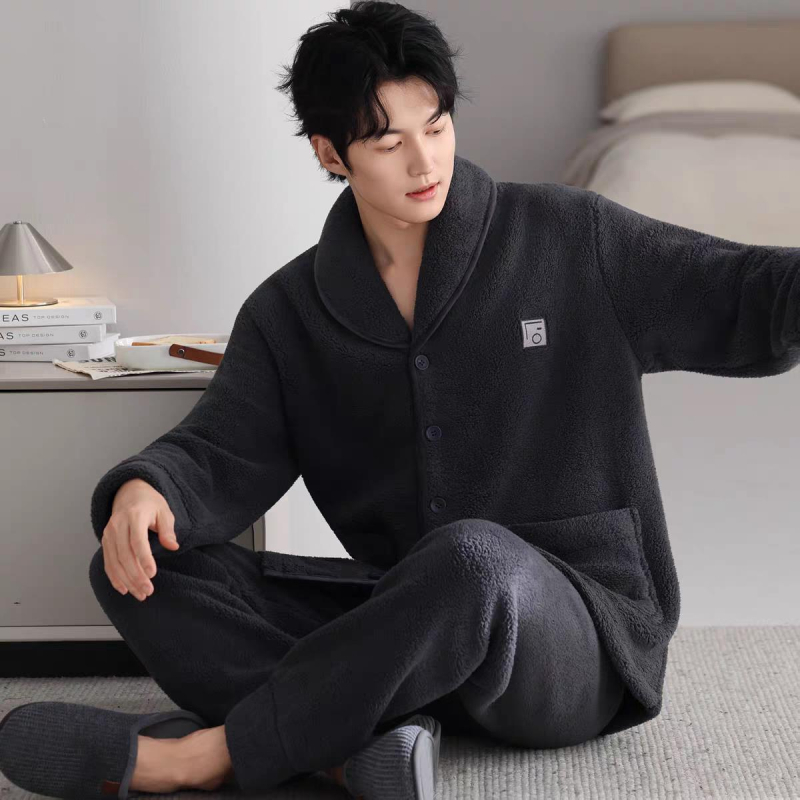 Set de pijamale din flanelă bărbați, cu guler rever, mâneci lungi, gros pentru căldură, material poliester