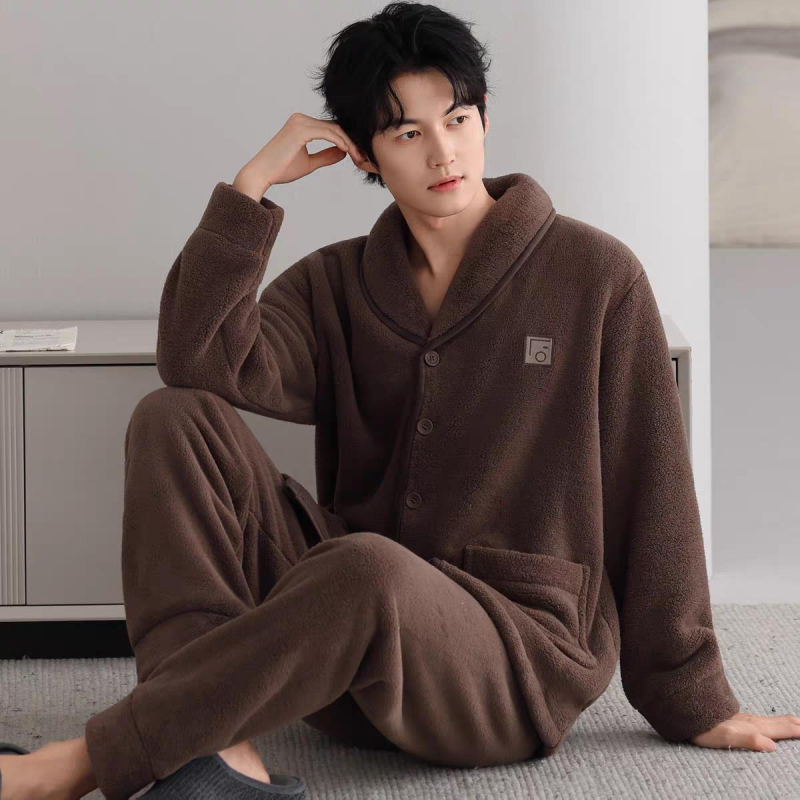 Set de pijamale din flanelă bărbați, cu guler rever, mâneci lungi, gros pentru căldură, material poliester