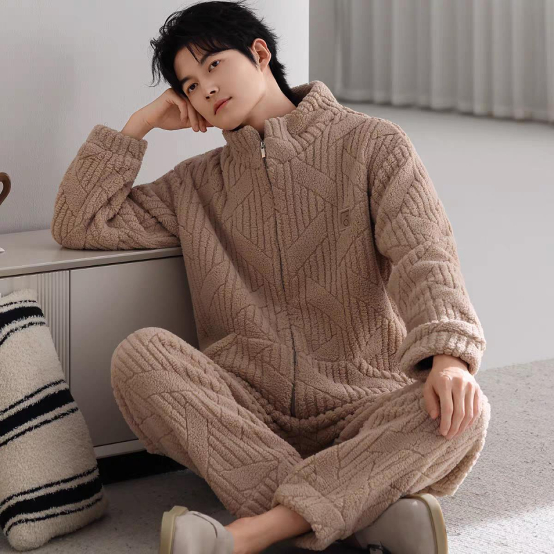 Set de pijamale din flanelă bărbați, cu guler rever, mâneci lungi, gros pentru căldură, material poliester