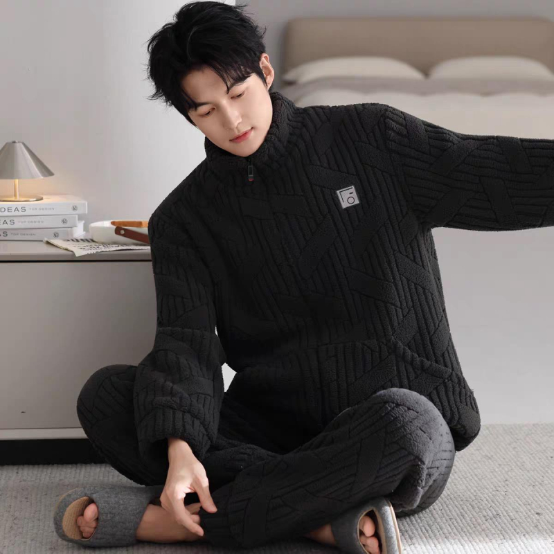 Set de pijamale din flanelă bărbați, cu guler rever, mâneci lungi, gros pentru căldură, material poliester