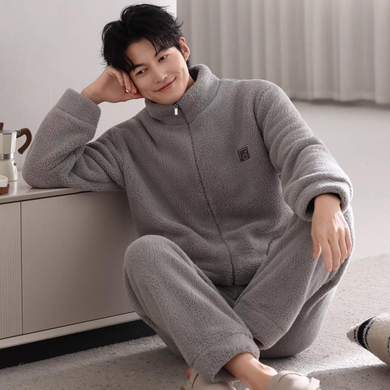 Set de pijamale din flanelă bărbați, cu guler rever, mâneci lungi, gros pentru căldură, material poliester
