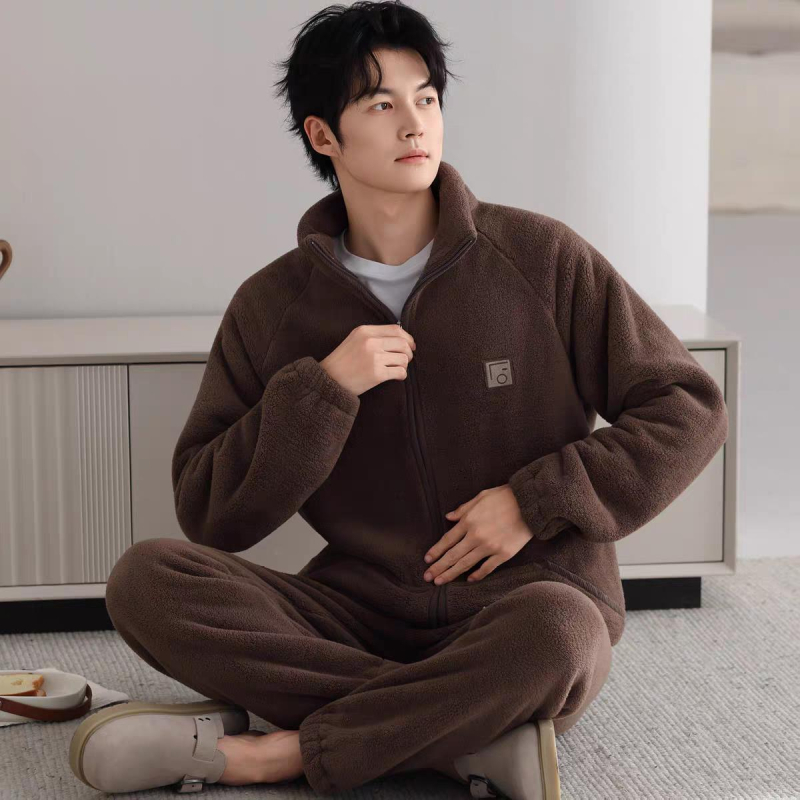 Set de pijamale din flanelă bărbați, cu guler rever, mâneci lungi, gros pentru căldură, material poliester