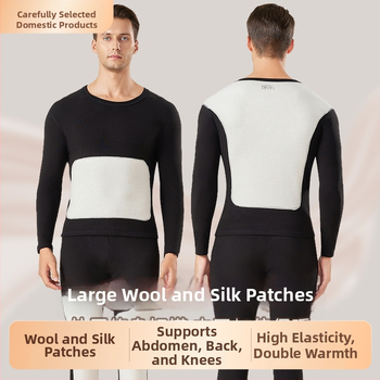 Set de lenjerie termică pentru bărbați cu patch-uri din lână și mătase, top și pantaloni cu fleece, dublu strat, fără cusături, guler rotund, mâneci lungi