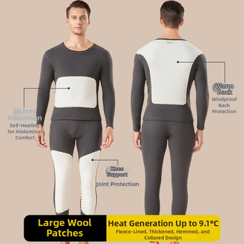 Set de lenjerie termică pentru bărbați cu patch-uri din lână și mătase, top și pantaloni cu fleece, dublu strat, fără cusături, guler rotund, mâneci lungi