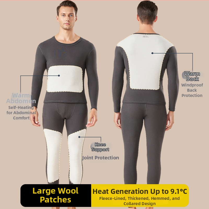 Set de lenjerie termică pentru bărbați cu patch-uri din lână și mătase, top și pantaloni cu fleece, dublu strat, fără cusături, guler rotund, mâneci lungi