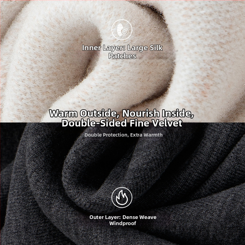 Set de lenjerie termică pentru bărbați cu patch-uri din lână și mătase, top și pantaloni cu fleece, dublu strat, fără cusături, guler rotund, mâneci lungi