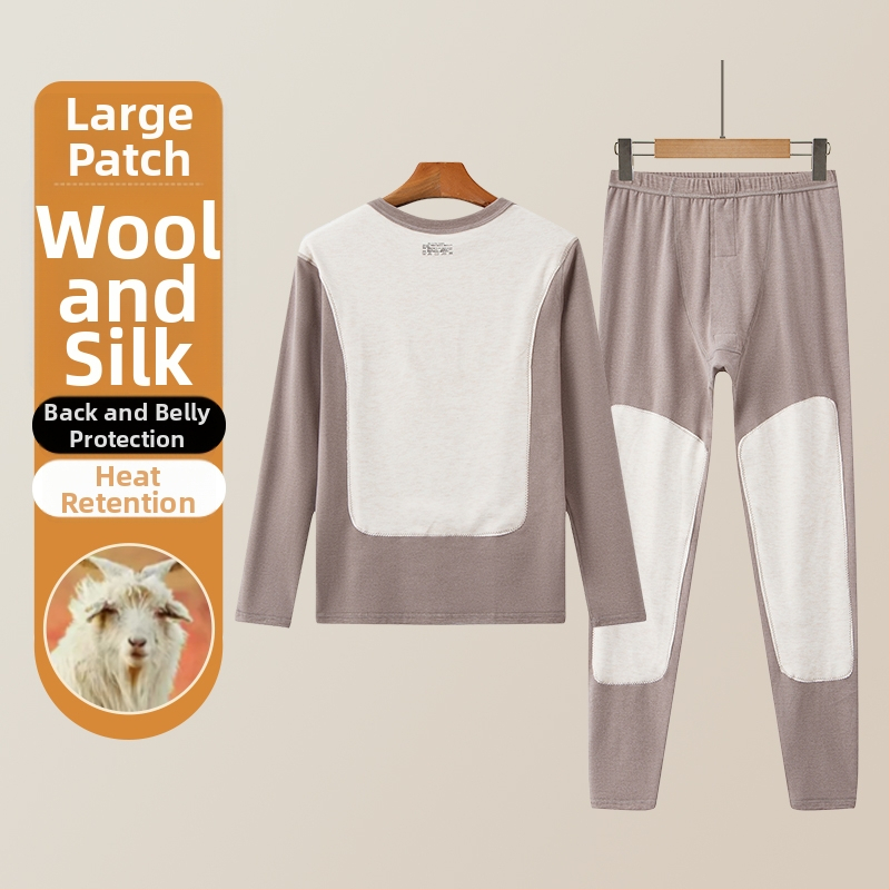 Set de lenjerie termică pentru bărbați cu patch-uri din lână și mătase, top și pantaloni cu fleece, dublu strat, fără cusături, guler rotund, mâneci lungi