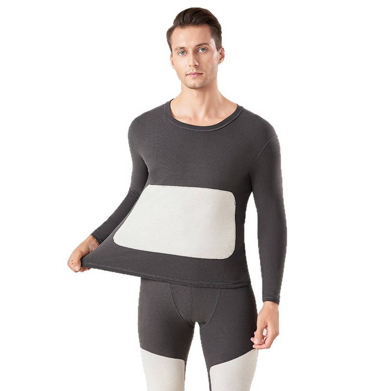 Set de lenjerie termică pentru bărbați cu patch-uri din lână și mătase, top și pantaloni cu fleece, dublu strat, fără cusături, guler rotund, mâneci lungi
