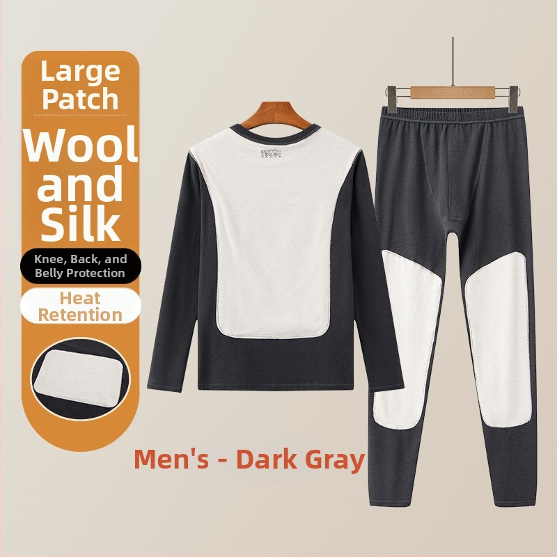 Set de lenjerie termică pentru bărbați cu patch-uri din lână și mătase, top și pantaloni cu fleece, dublu strat, fără cusături, guler rotund, mâneci lungi