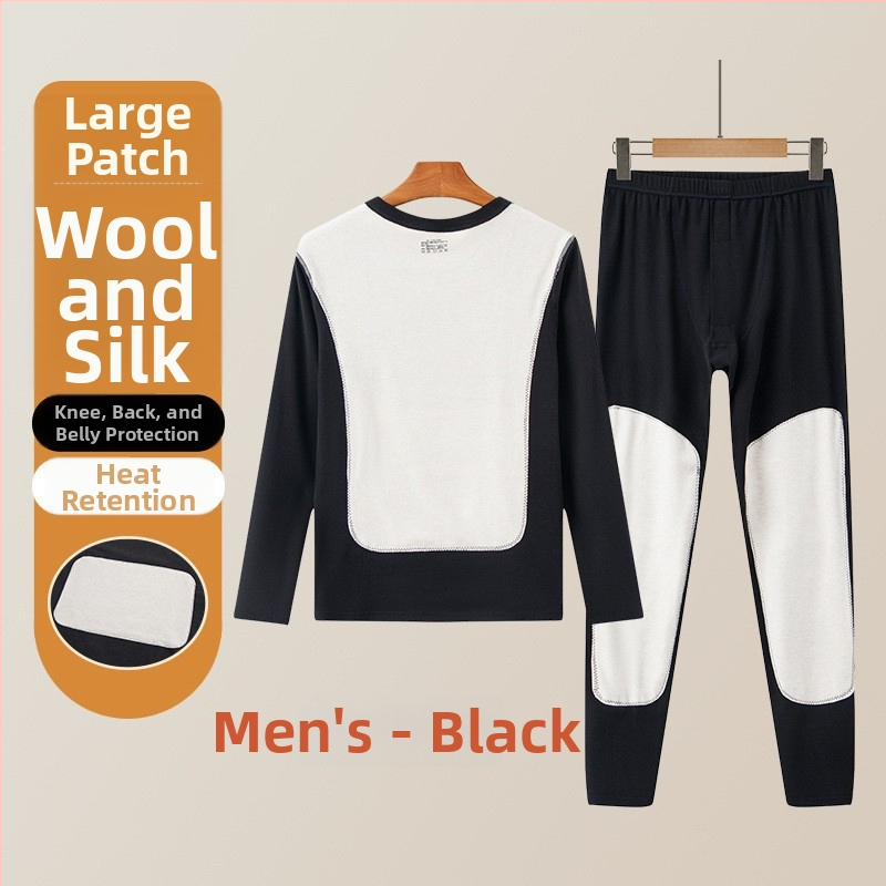 Set de lenjerie termică pentru bărbați cu patch-uri din lână și mătase, top și pantaloni cu fleece, dublu strat, fără cusături, guler rotund, mâneci lungi
