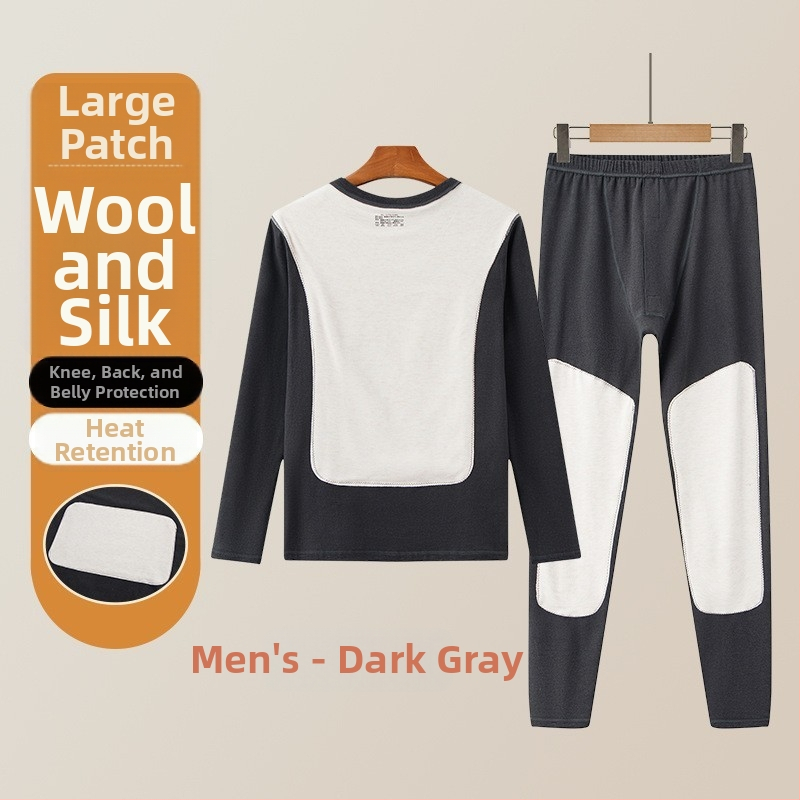 Set de lenjerie termică pentru bărbați cu patch-uri din lână și mătase, top și pantaloni cu fleece, dublu strat, fără cusături, guler rotund, mâneci lungi
