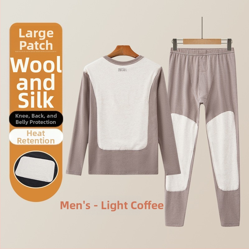 Set de lenjerie termică pentru bărbați cu patch-uri din lână și mătase, top și pantaloni cu fleece, dublu strat, fără cusături, guler rotund, mâneci lungi