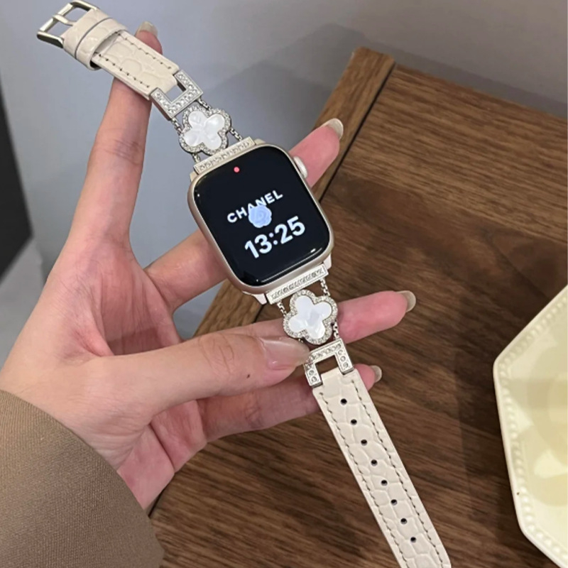 Remen za sat od krokodilske kože s motivom četiri lista za Apple Watch (prirodna koža; kopča s pinom; prilagođene veličine sučelja; minimalistički stil)