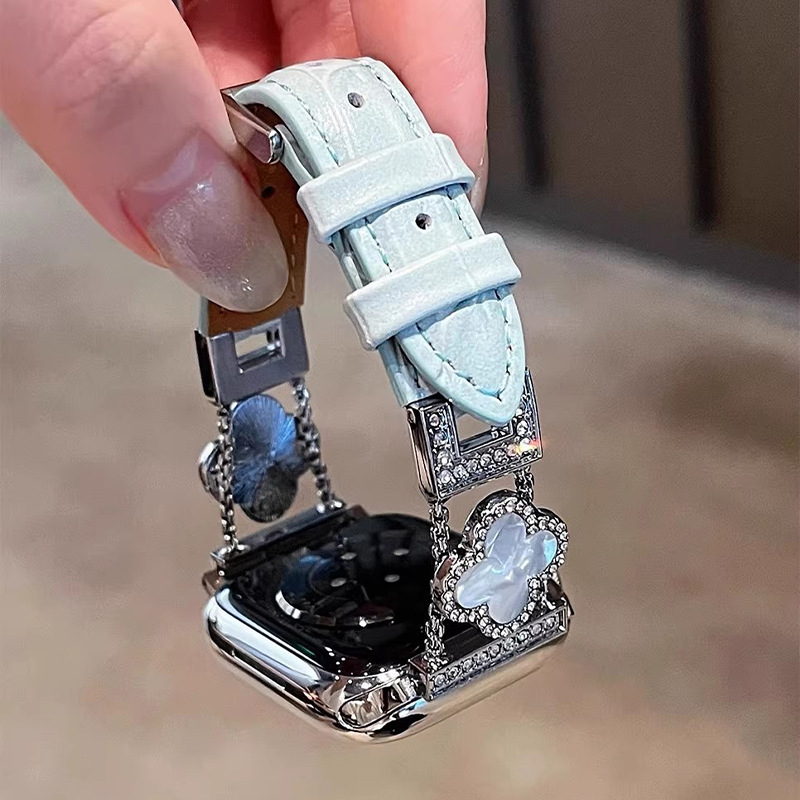 Remen za sat od krokodilske kože s motivom četiri lista za Apple Watch (prirodna koža; kopča s pinom; prilagođene veličine sučelja; minimalistički stil)