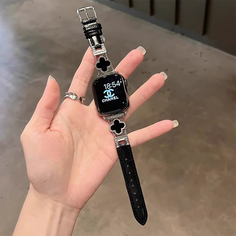 Remen za sat od krokodilske kože s motivom četiri lista za Apple Watch (prirodna koža; kopča s pinom; prilagođene veličine sučelja; minimalistički stil)