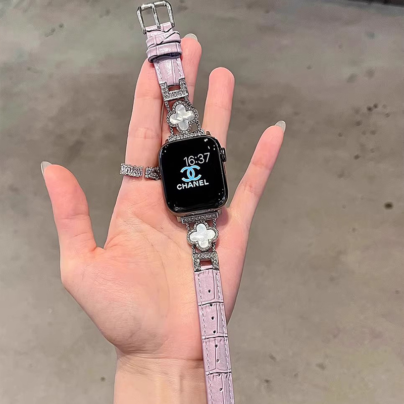 Remen za sat od krokodilske kože s motivom četiri lista za Apple Watch (prirodna koža; kopča s pinom; prilagođene veličine sučelja; minimalistički stil)