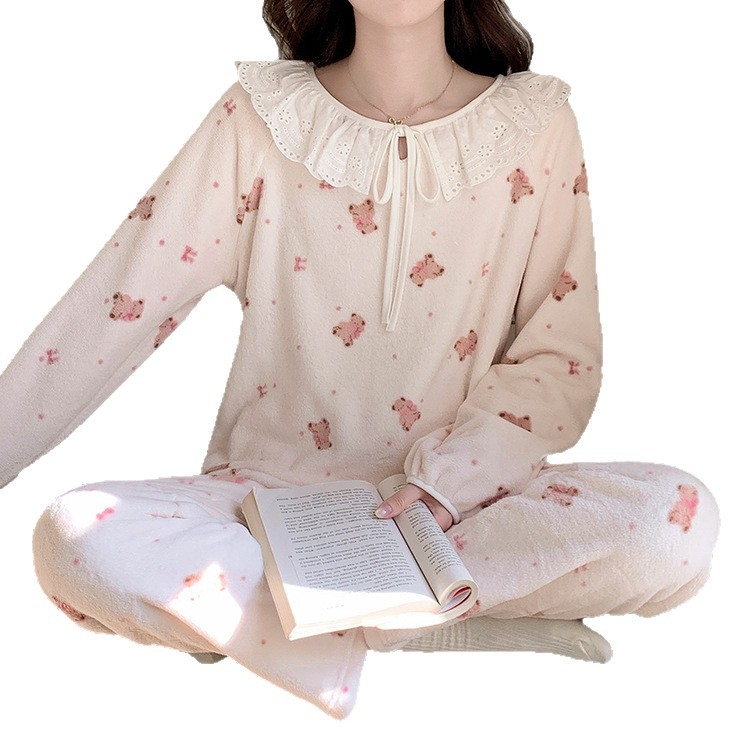Set de pijamale pentru femei, iarnă, imprimeu de catifea cald, cu glugă, guler rotund, mâneci lungi