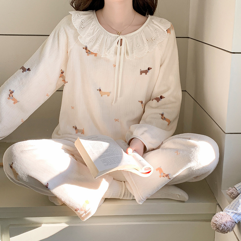 Set de pijamale pentru femei, iarnă, imprimeu de catifea cald, cu glugă, guler rotund, mâneci lungi