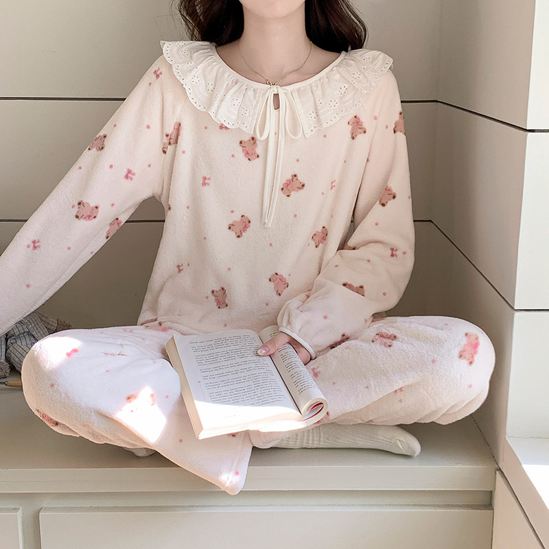 Set de pijamale pentru femei, iarnă, imprimeu de catifea cald, cu glugă, guler rotund, mâneci lungi