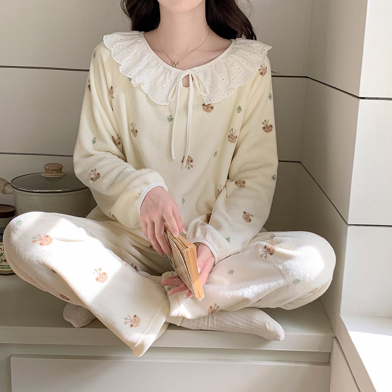 Set de pijamale pentru femei, iarnă, imprimeu de catifea cald, cu glugă, guler rotund, mâneci lungi