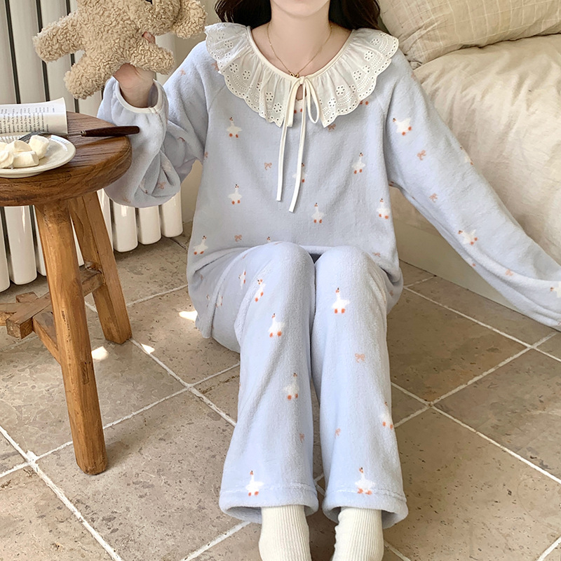 Set de pijamale pentru femei, iarnă, imprimeu de catifea cald, cu glugă, guler rotund, mâneci lungi