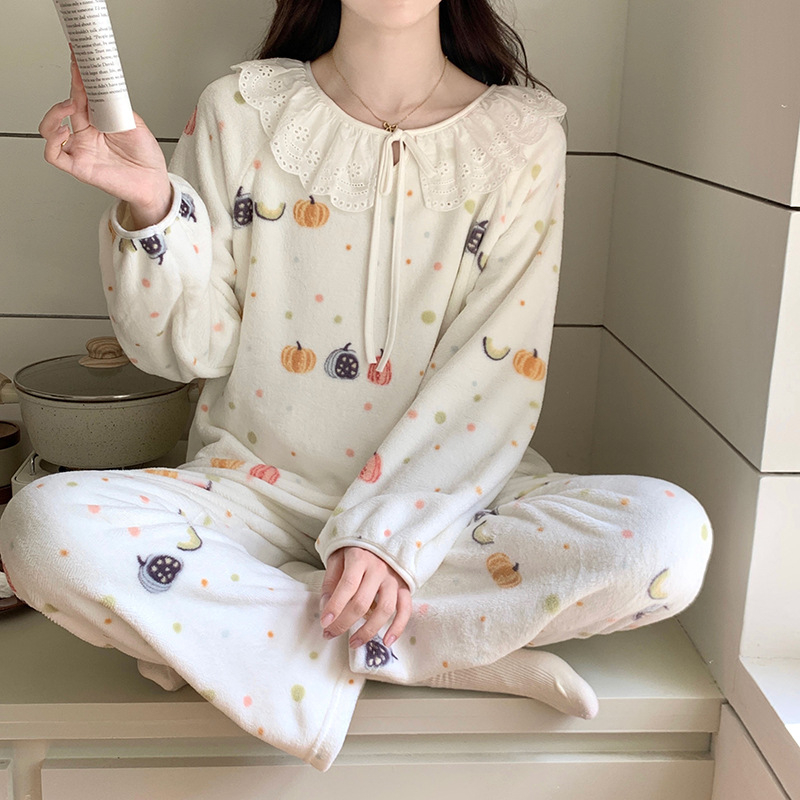Set de pijamale pentru femei, iarnă, imprimeu de catifea cald, cu glugă, guler rotund, mâneci lungi