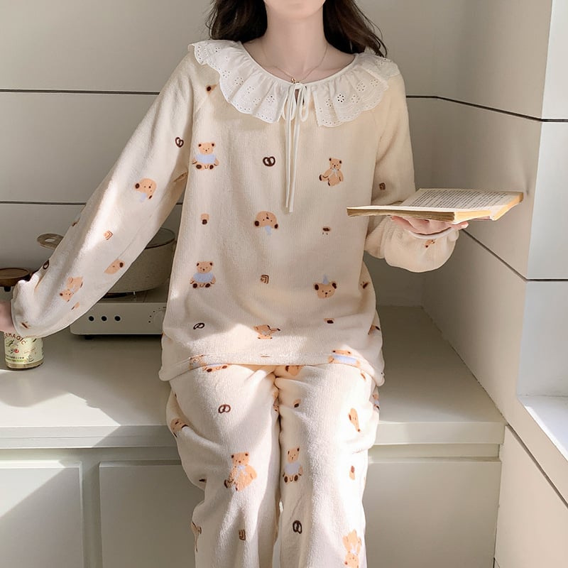 Set de pijamale pentru femei, iarnă, imprimeu de catifea cald, cu glugă, guler rotund, mâneci lungi