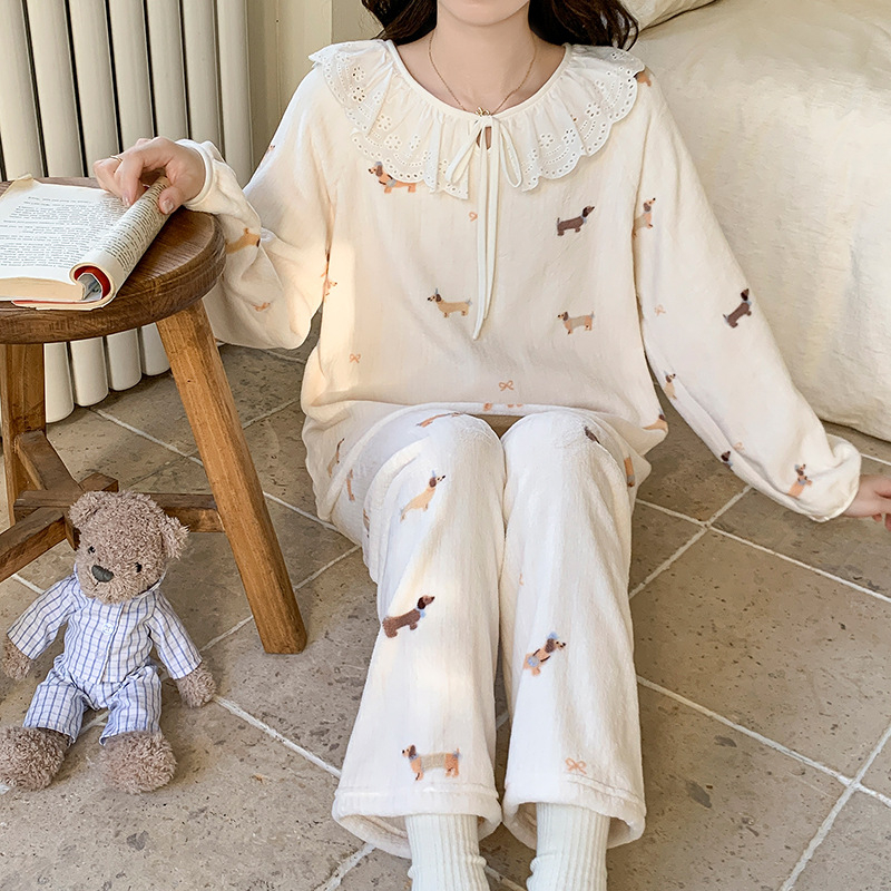 Set de pijamale pentru femei, iarnă, imprimeu de catifea cald, cu glugă, guler rotund, mâneci lungi