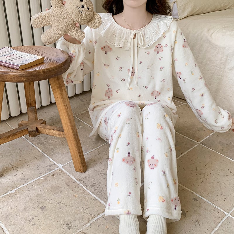 Set de pijamale pentru femei, iarnă, imprimeu de catifea cald, cu glugă, guler rotund, mâneci lungi