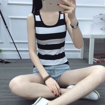 Tricou damă fără mâneci, în dungi, Slim‑fit, amestec din bumbac-elastan, bretele duble