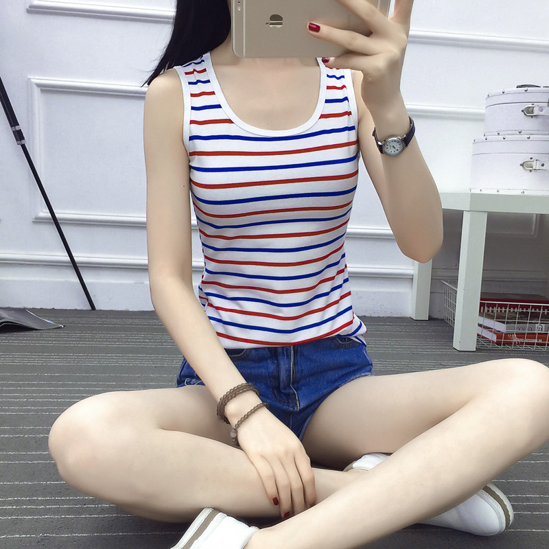 Tricou damă fără mâneci, în dungi, Slim‑fit, amestec din bumbac-elastan, bretele duble