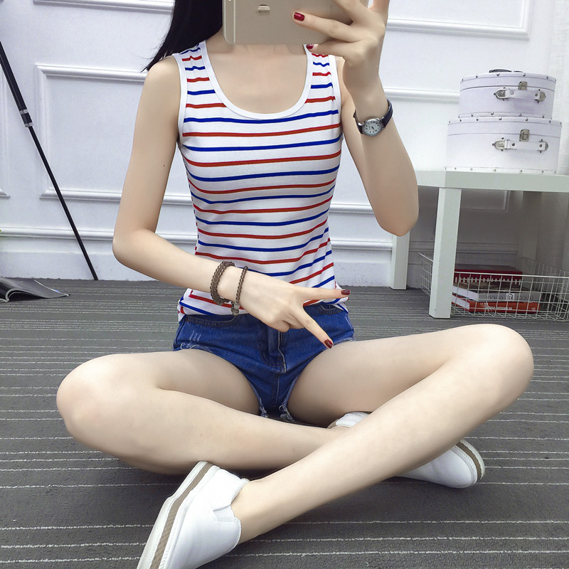 Tricou damă fără mâneci, în dungi, Slim‑fit, amestec din bumbac-elastan, bretele duble