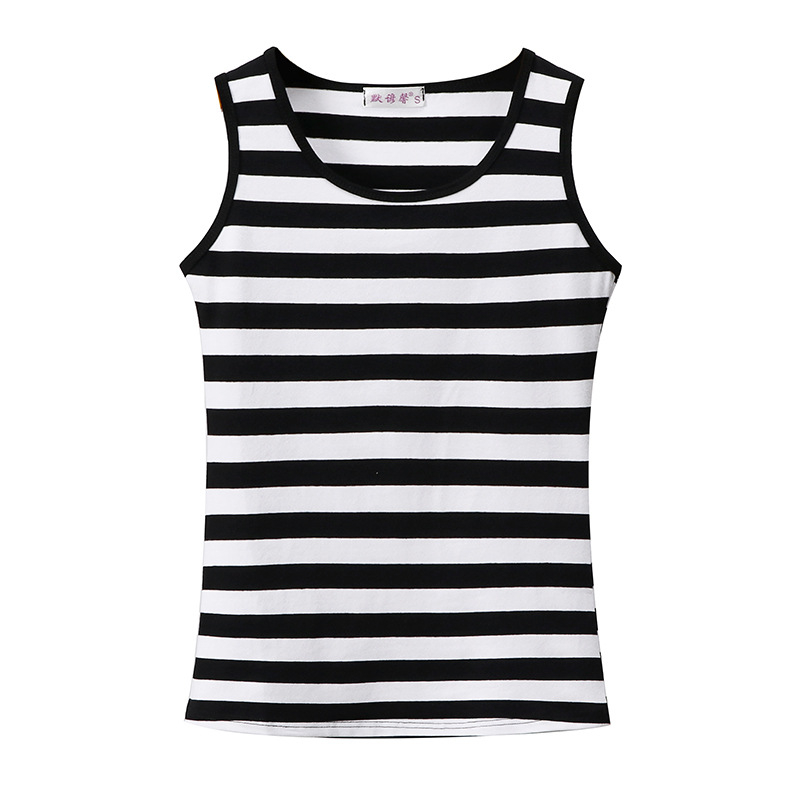 Tricou damă fără mâneci, în dungi, Slim‑fit, amestec din bumbac-elastan, bretele duble