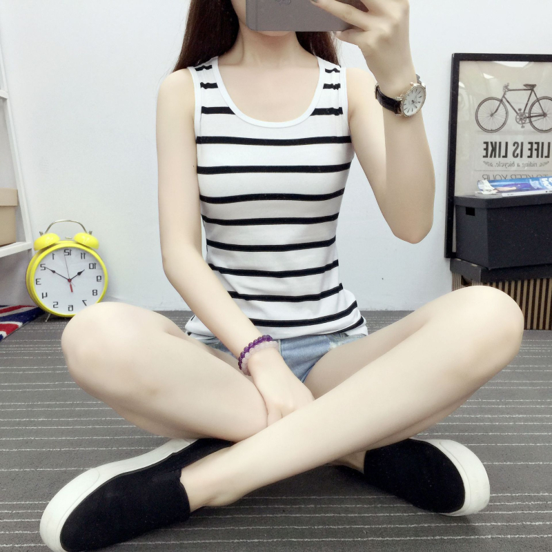 Tricou damă fără mâneci, în dungi, Slim‑fit, amestec din bumbac-elastan, bretele duble