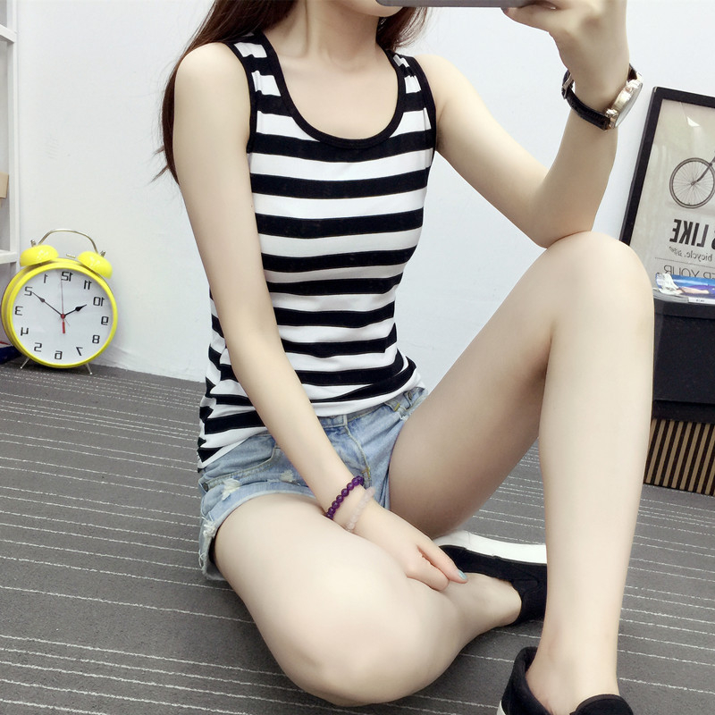 Tricou damă fără mâneci, în dungi, Slim‑fit, amestec din bumbac-elastan, bretele duble