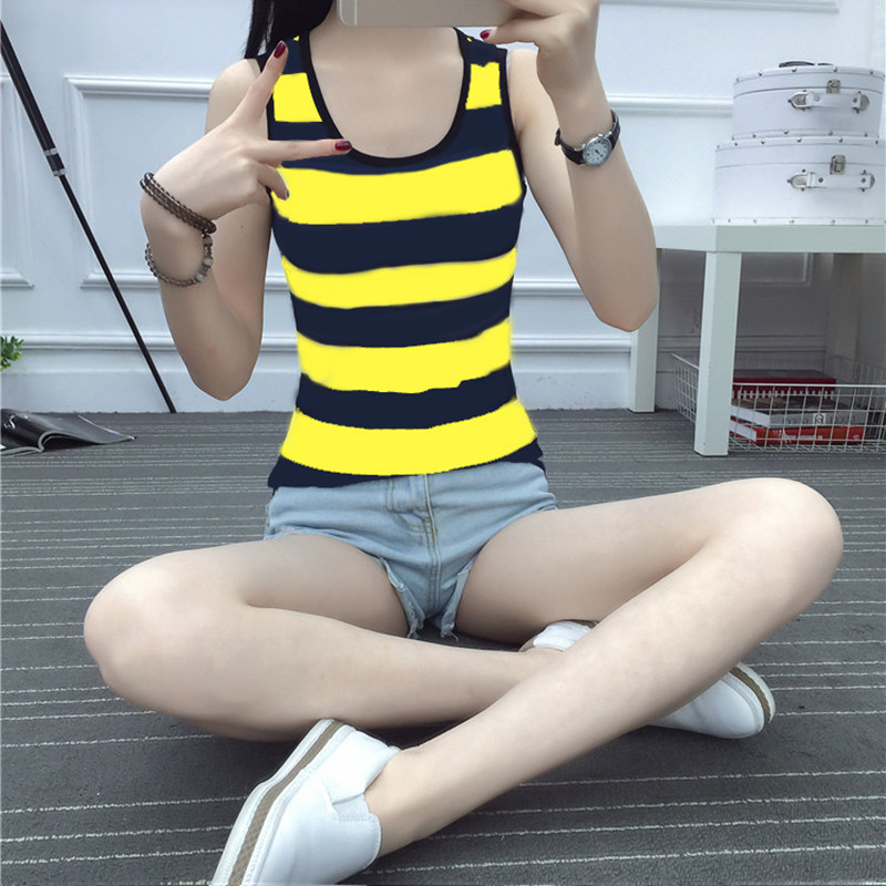 Tricou damă fără mâneci, în dungi, Slim‑fit, amestec din bumbac-elastan, bretele duble