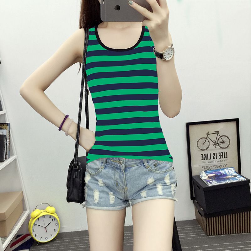 Tricou damă fără mâneci, în dungi, Slim‑fit, amestec din bumbac-elastan, bretele duble