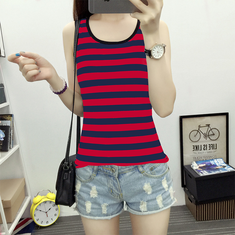 Tricou damă fără mâneci, în dungi, Slim‑fit, amestec din bumbac-elastan, bretele duble