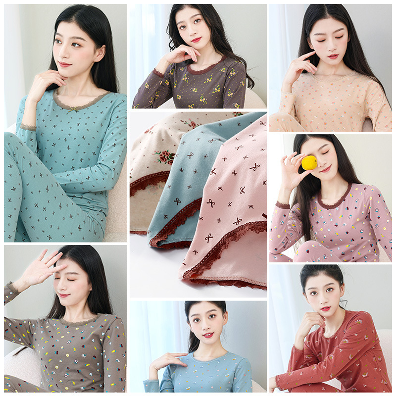 Set de lenjerie termică din bumbac 100% pentru toamnă — top pulover cu guler rotund și pantaloni, unic strat, greutate medie, 95–100% bumbac, pentru adolescente